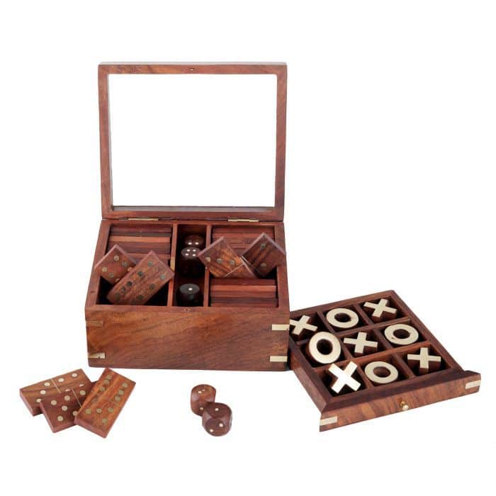 Wooden 3-in-1 Parlour Game Set | 28 Dominoes, 9 Tic-Tac-Toe Tokens & 5 Wooden Dice | Board Game