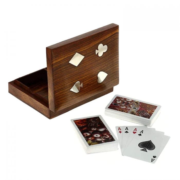 Shriji Crafts Playing Cards Set of 2 in Handmade Wooden Storage Box Case Holder
