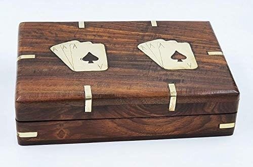 Shriji Crafts Handmade Wooden Playing Card Box with Two Set of Plastic Playing Cards Combo Deal