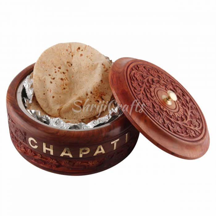 Handicraft Wooden Stainless Steel Bread CHAPATI Casserole with Engraved Design