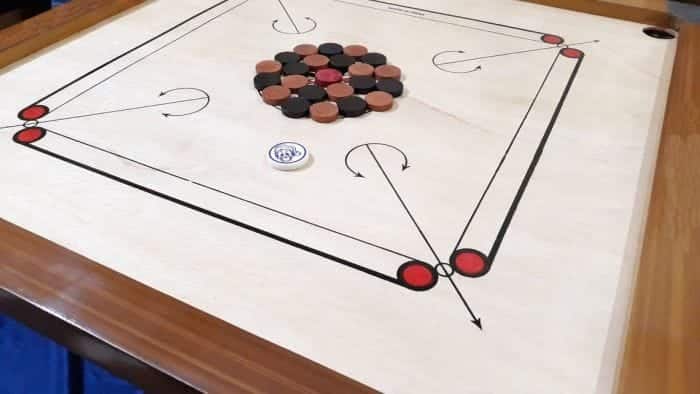 32" Wooden (Brown) Carrom Board with Round Pockets, Coins, Striker and Powder