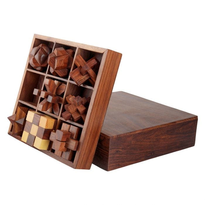 STEM brain teaser puzzle set, 9 wooden mechanical puzzles