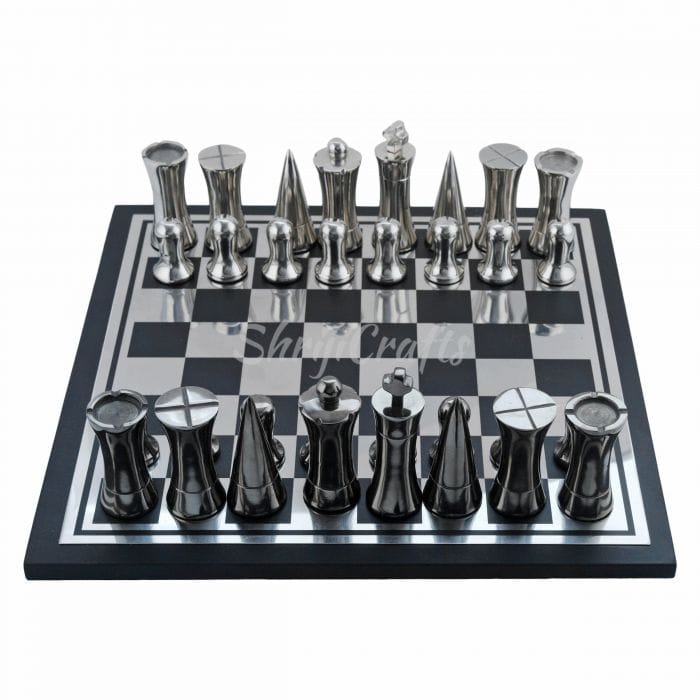 Shriji Crafts Handmade unique Wooden and Aluminum Metal Chess Board game Black and Silver