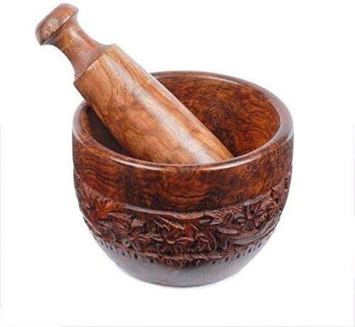 Handcrafted Wooden Craved Brown Pestle and Mortar tool Set