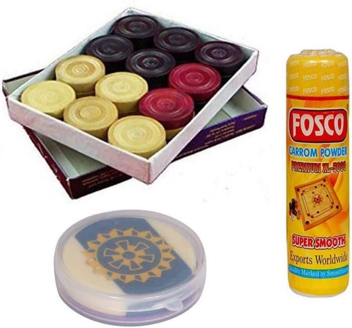 Carrom Combo Pack – 70 gm Disco Carrom Powder 1 Set Wooden Carrom Coins & 1 Acrylic Striker