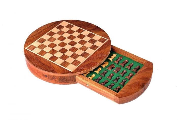 Shriji Crafts 9" Round Wooden Magnetic Travel Chess Set with Drawers and Staunton Pieces