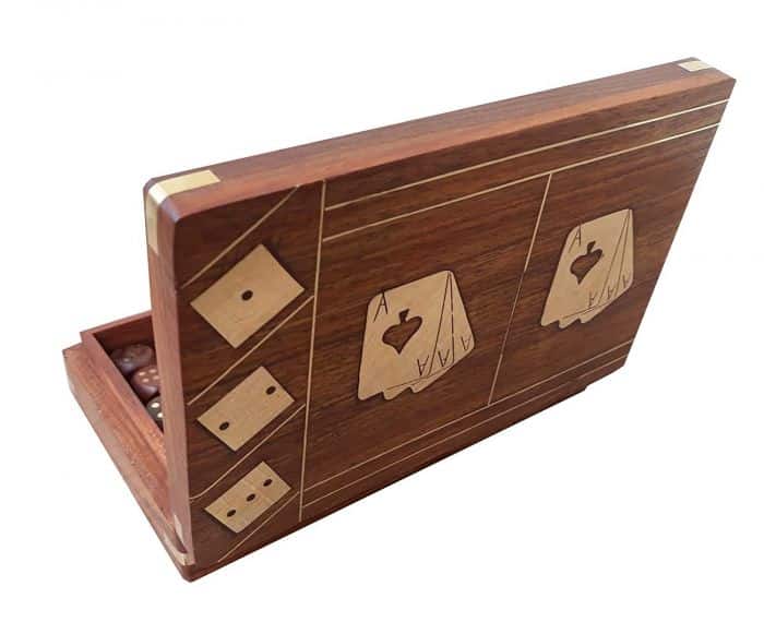 Playing Cards Set of 2 in Handmade Wooden Storage Box Case Holder with 5 dice