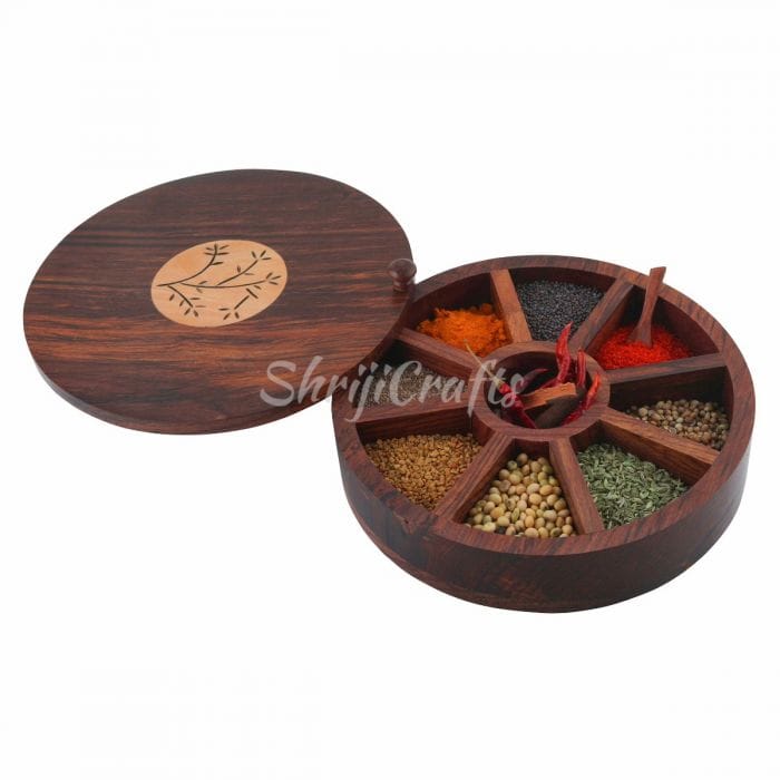 Sheesham Wood Floral Burnt Kitchen Decorative Masala Box/ Masala Dani Utility Spice Box Set (9 Partitions, Non Detachable)
