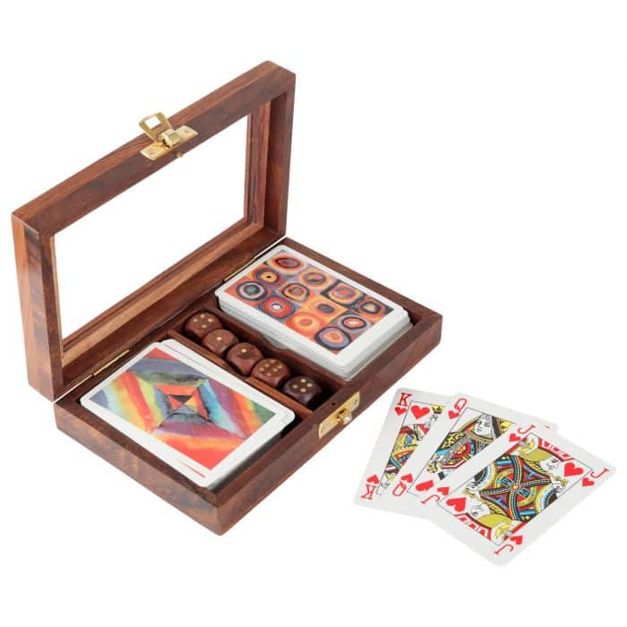 Wooden Playing Card Box With Two Set of Playing Cards and 5 Dice