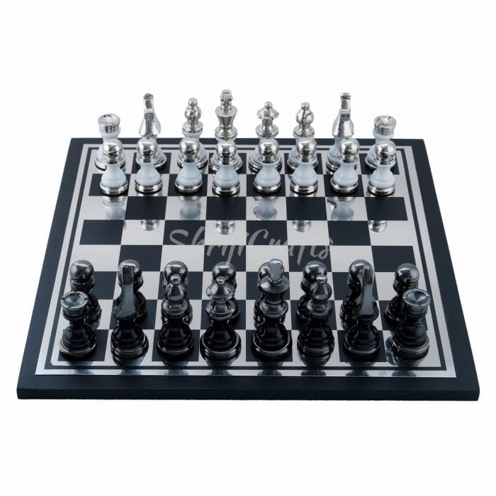 Shriji Crafts Handmade unique Wooden and Metal Chess Board game Black and Silver Finish