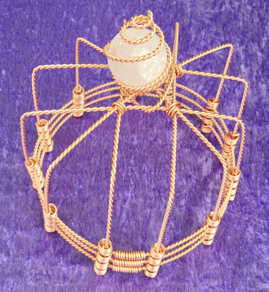 Tensor Wire Crown With a Selenite Crystal Ball Wrapped In Tensor Wire. Made With 3 x 1.5 Sacred Cubit Tensor Rings. Healing Crown