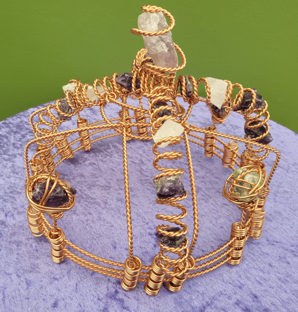 Tensor Wire Crown Made With 3x Empowerment Cubit Tensor Rings. Healing Crown. With Amethyst, Quartz, And Fluorite Crystals. Meditation Tool